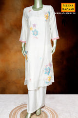 White Maslin Ready-Made Suit with Elegant Neck Embroidery