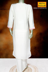 White Maslin Ready-Made Suit with Elegant Neck Embroidery