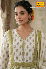 Green Cotton Neck Embroidered ReadyMade Suit