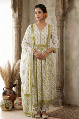 Green Cotton Neck Embroidered ReadyMade Suit