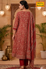 Rust Cotton ReadyMade Suit with Neck Embroidery
