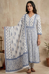 White & Grey Printed Cotton ReadyMade Suit with Embroidered Neck