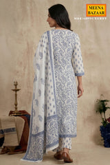 White & Grey Printed Cotton ReadyMade Suit with Embroidered Neck