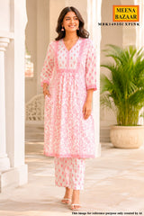 Pink Cotton Ready-Made Suit With Floral Printed Dupatta & Pant