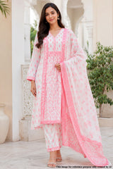 Pink Cotton Ready-Made Suit With Floral Printed Dupatta & Pant