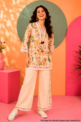 Cream Botanical Print Kurta Set with Lace Detailing