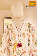Cream Botanical Print Kurta Set with Lace Detailing