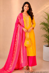 Mustard Chanderi Unstitched Suit Set With Printed Dupatta, Gotta Patti & Pouch