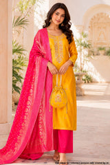 Mustard Chanderi Unstitched Suit Set With Printed Dupatta, Gotta Patti & Pouch