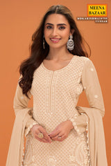 Tussar Chinon Ready Made Suit with Embroidery- Elegant Festive Wear