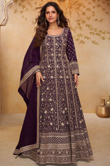 Wine Georgette Embroidered Gown