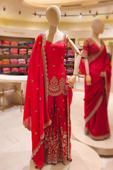 Red Heavy Embroidered Partywear Sharara Set