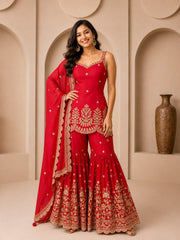 Red Heavy Embroidered Partywear Sharara Set