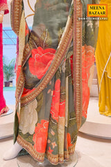 Mehandi Georgette Saree Set with Sequins Jaal Work