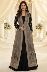 Black Chinon Ready-Made Suit with Designer Long Jacket