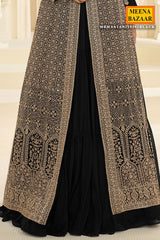 Black Chinon Ready-Made Suit with Designer Long Jacket