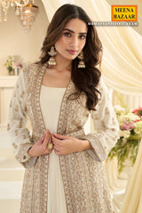 Elegant Cream Chinon Ready-Made Suit with Designer Long Jacket