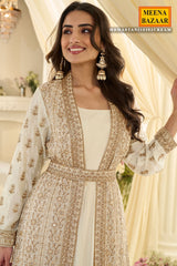 Elegant Cream Chinon Ready-Made Suit with Designer Long Jacket