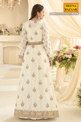 Elegant Cream Chinon Ready-Made Suit with Designer Long Jacket