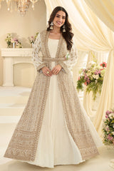 Elegant Cream Chinon Ready-Made Suit with Designer Long Jacket