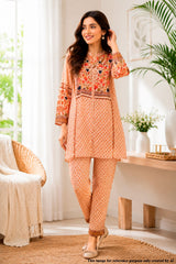 Peach Floral Embroidered Kurta Set with Printed Pants