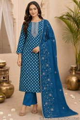 Blue Maslin Neck Embroidered Suit Set