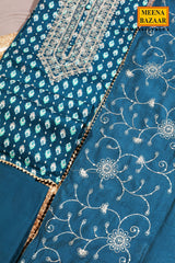 Blue Maslin Neck Embroidered Suit Set