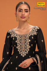 Black Chinon Embroidered Ready Made Suit