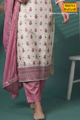 Pink Embroidered Silk Unstitched Suit Set with Dupatta for Women