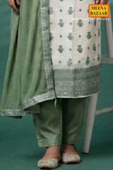 White & Pista Printed Silk Embroidered Unstitched Suit Set