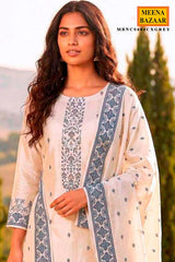 White Cotton Unstitched Suit Set with Grey Prints & Weaving Design