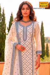 White & Grey Printed Cotton Unstitched Suit with Elegant Weaving Work