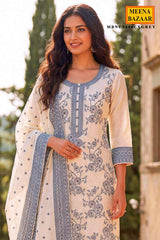 Elegant White Cotton Weaving Unstitched Suit Set with Grey Prints