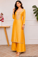 Mustard Brocade Unstitched Suit with Neck Embroidery