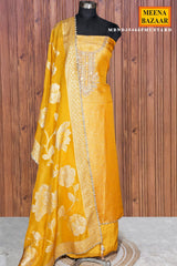 Mustard Brocade Unstitched Suit with Neck Embroidery
