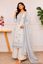 Firozi Cotton Unstitched Suit with Neck Embroidery