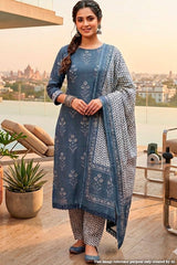 Blue Printed Cotton Unstitched Suit Set for Women