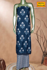 Blue Printed Cotton Unstitched Suit Set with Dupatta for Women