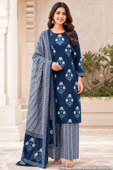 Blue Printed Cotton Unstitched Suit Set with Dupatta for Women