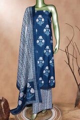Blue Printed Cotton Unstitched Suit Set with Dupatta for Women