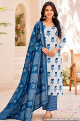 Blue Cotton Unstitched Suit Set with Dupatta for Women
