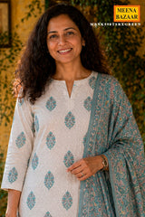 Tussar & Green Floral Cotton Unstitched Suit Set with Printed Dupatta for Women