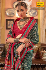 Bottle Green Silk Saree with Red Border – PankhPatola Printed Designer Saree