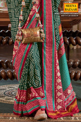 Bottle Green Silk Saree with Red Border – PankhPatola Printed Designer Saree