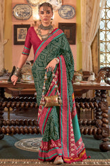 Bottle Green Silk Saree with Red Border – PankhPatola Printed Designer Saree