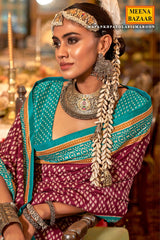 Maroon Silk Saree with Firozi Border – PankhPatola Printed Designer Saree
