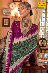 Bottle Green Silk Saree with Wine Border – PankhPatola Printed Designer Saree