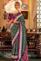 Bottle Green Silk Saree with Wine Border – PankhPatola Printed Designer Saree