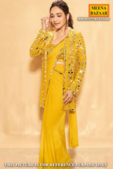 Mustard Georgette Mirror Work Pre Stitched Saree With Jacket