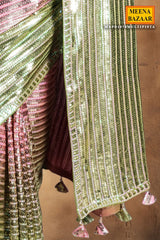 Pista & Pink Sequin Embroidered Georgette Saree